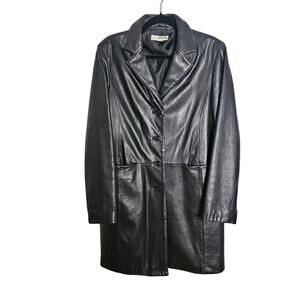 Black Leather Jacket Long Medium Buttons Pockets 90s 00s Y2k Vintage Above Knee